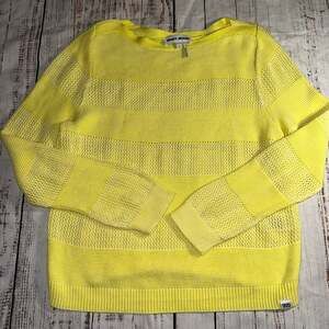 DKNY Jeans Women's Yellow Striped Open Knit Cotton Sweater-M